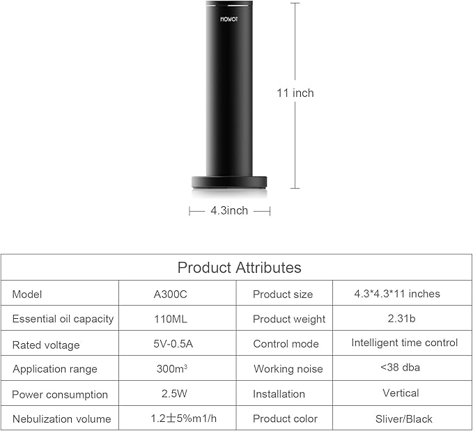 Smart Ultra-Quiet Tower Essential Oil Diffuser with Bluetooth Control，Waterless Scent Diffuser Machine with Bluetooth Control, 3000 sq.ft Coverage Scent Machine Diffusers for Home, Office, Spa