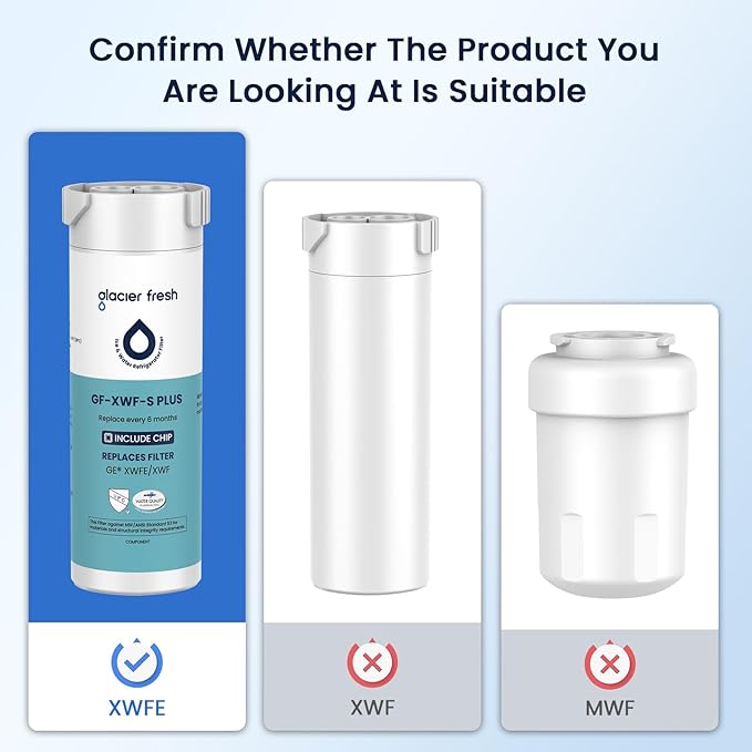 GLACIER FRESH Water Filter Compatible with XWFE (Built-in CHIP), Replacement for GE XWFE, XWF Refrigerator Water Filter NSF/ANSI 53 Certification Pack of 2