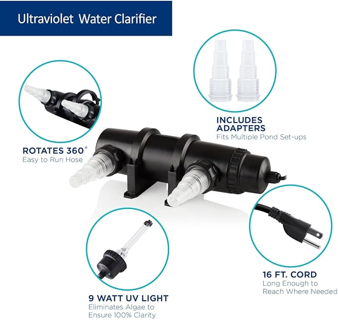 Alpine Corporation 9 Watt UV Clarifier Intended for Fountains, Waterfalls, and Water Circulation Out of Water Use, Black