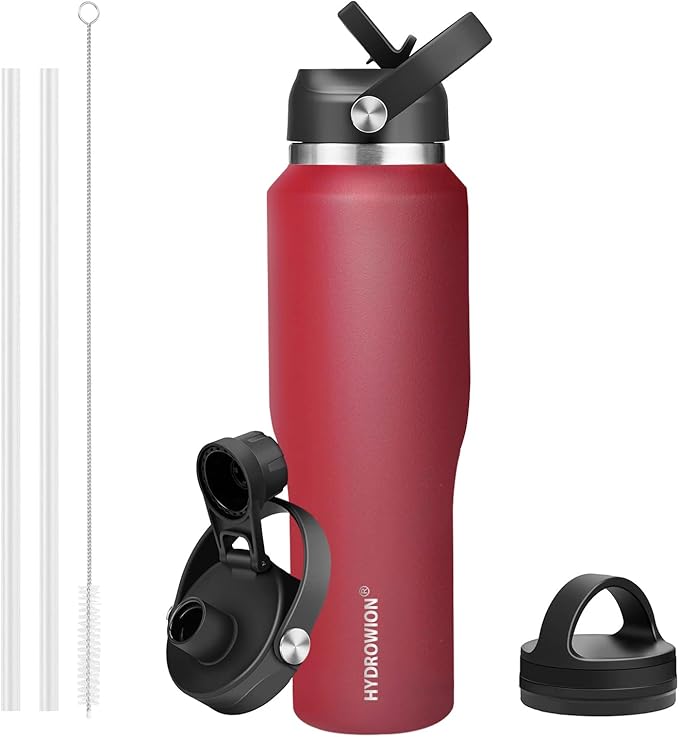 HYDROWION 40 oz Insulated Water Bottle with Straw fit in Car Cup Holder(Cold 48 hrs, Hot 24 hrs) Drinking Bottle with Straw Lid, Spout Lid and Flex Cap Leakproof Travel Thermo Mug，Red