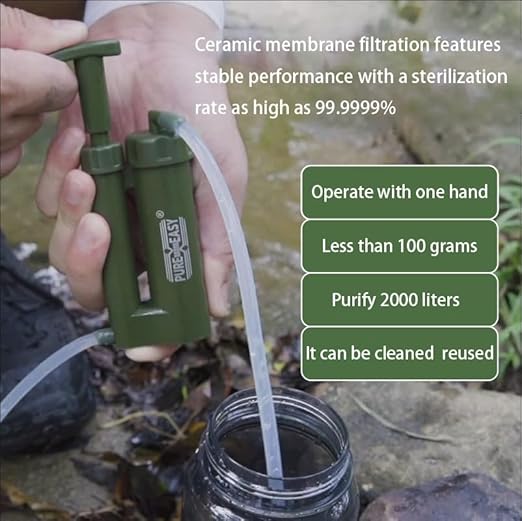 Portable Water Filter, Survival Pump Water Purification, with RO Membrane (0.0001 Micron)—Removing 99.999% of The Tested microorganisms—for Hiking, Camping, Emergency, and Outdoor Activities.