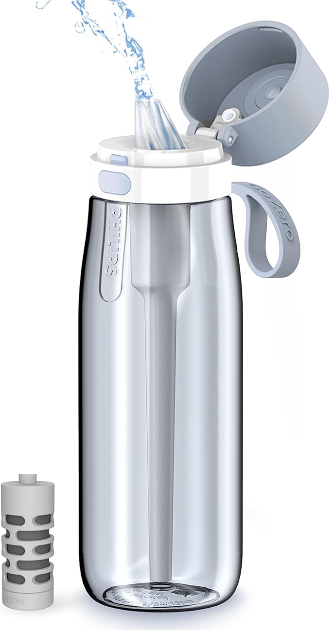 PHILIPS Filtered Water Bottle, BPA-Free Tritan Plastic Water Bottles, Replaces 450 Plastic Water Bottle with Reusable GoZero Everyday Water Filter, Portable Filtering Bottle for Travel, 22 oz, Blue
