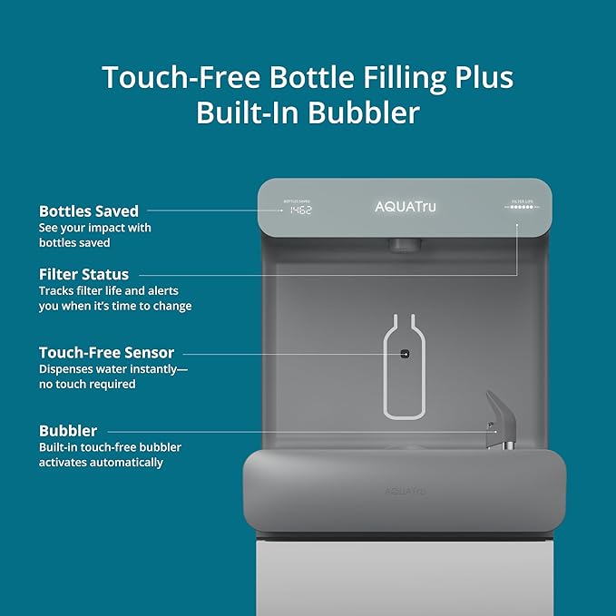 AquaTru Pro On-Wall Commercial Water Station with Bubbler | Wall Mount Bottle Filler & Drinking Fountain | NSF-Certified Filtration | 9.5 GPH Cooling Capacity | Touch-Free Refrigerated Dispenser