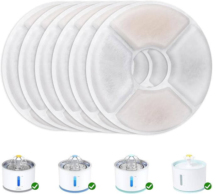 Wonder Creature Cat Water Fountain Filter Replacement, 6/8/12/16/8+4 Pack, Round Carbon Filters for 81oz/2.4L Stainless Steel Top Automatic Pet Fountain (6 Pack)