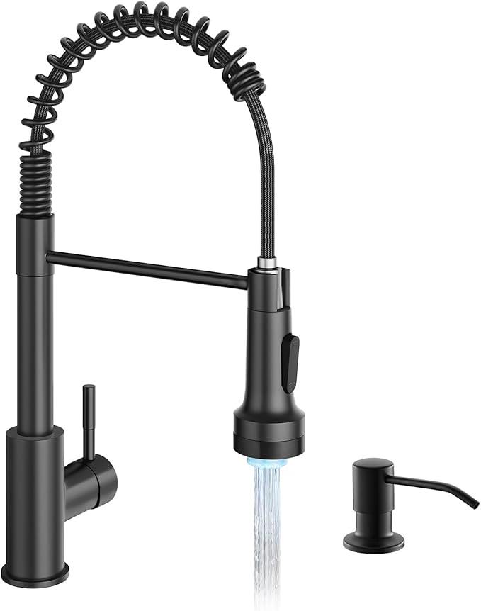 GIMILI Matte Black LED Kitchen Faucet with Soap Dispenser, Modern Single Handle Spring Kitchen Sink Faucets with Pull Down Sprayer