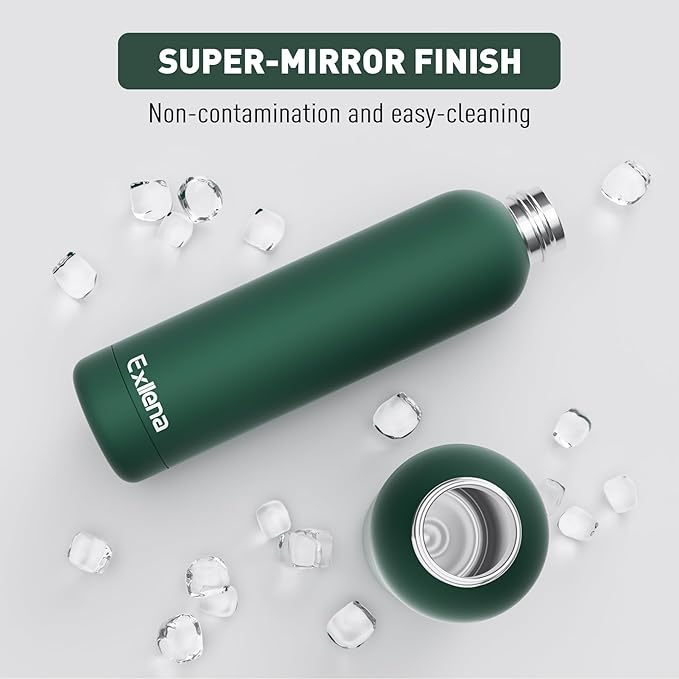 Exllena Slim Insulated Water Bottles for Travel 32oz with Clip, Double Wall Vacuum Stainless Steel Water Bottle Keeps Drinks Cold 24 Hrs/Hot 12 Hrs, 100% Leakproof, BPA Free(Emerald Green)