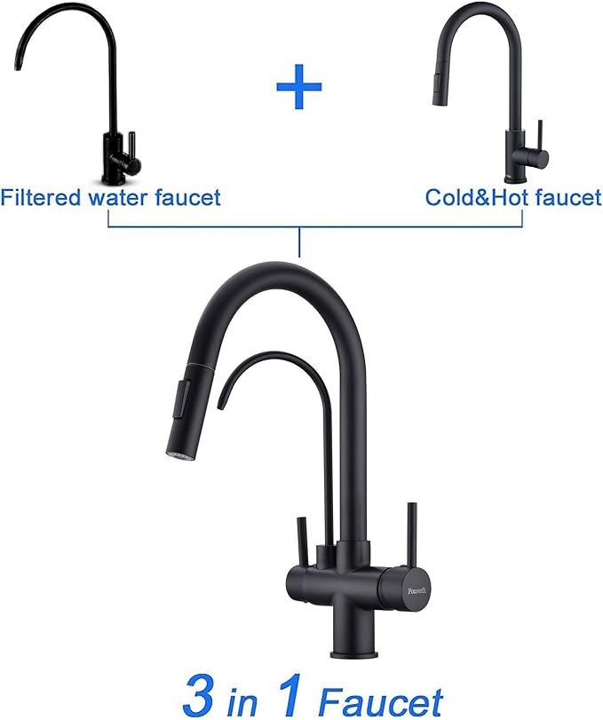 TUTEW Matte Black Kitchen Faucet with Pull Down Sprayer, Black Kitchen Sink Faucet with Drinking Water Faucet,2 Handle 3 in 1 Water Filter Purifier Faucets