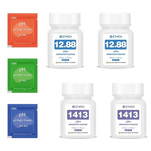 6 in 1 pH EC TDS Monitor for Water Hydroponic with pH EC Calibration Solution, Probe Cleaning Solution, with Extra EC 1413μS/cm and 12.88mS/cm EC Calibration Solution, Each 2 Bottles 50ml