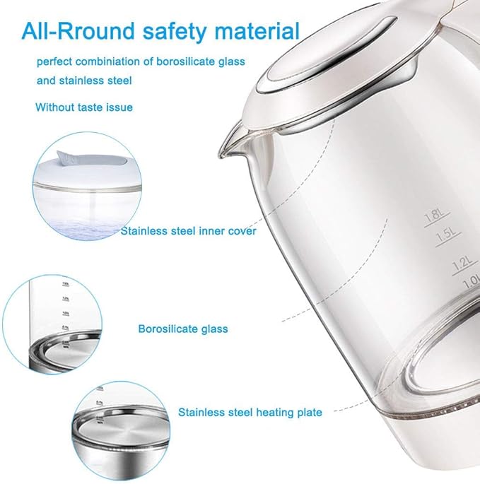 Kettles,1.8L Glass Electric Kettle,1500W Eco Water Kettle with Illuminated Led, Cordless Water Boiler with Stainless Steel Inner Lid Base
