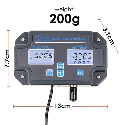 Water Quality Tester pH/EC/TDS/Salinity/SG/Temperature with Easy Calibration 24Hrs Online APP Monitoring for Fish Tank Aquariums Home Laboratory Smart Instrument