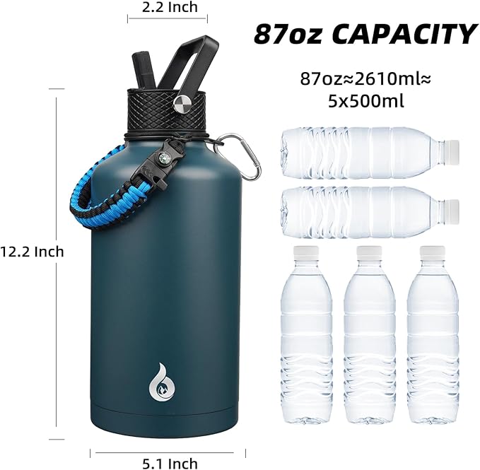 BJPKPK 2/3 Gallon Water Bottle with Straw Lid, 87oz Large, Stainless Steel Water Bottles with 3 Lids and Paracord Strap, Double Wall Vacuum Metal Jug, Navy Blue