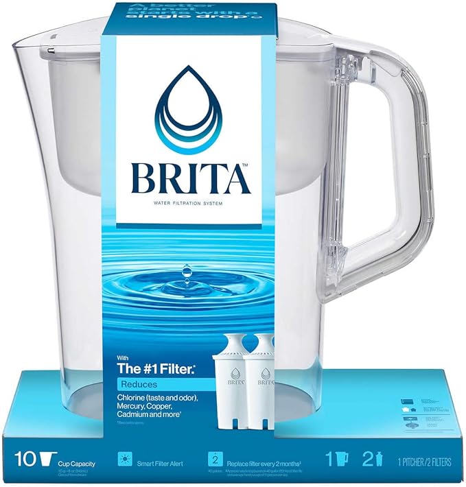 Brita Large 10 Cup Water Filter Pitcher with Smart Light Filter Reminder and 2 Standard Filtes, Made Without BPA, White (Packaging May Vary) (1512822)