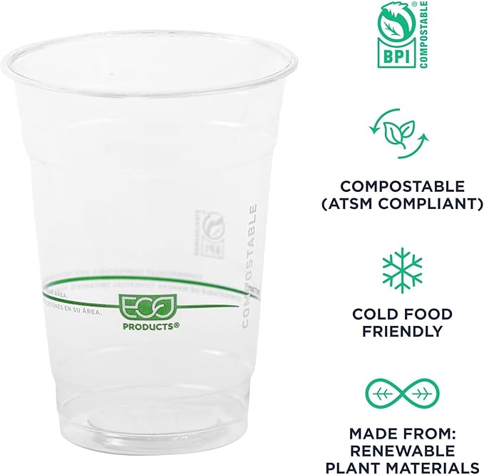 ECO PRODUCTS GreenStripe Clear Compostable 16oz PLA Plastic Cups, Pack of 50, Disposable Renewable Plant-Based Cold Cups, For Cold Drinks & Snacks, BPI Certified, ASTM Compliant.
