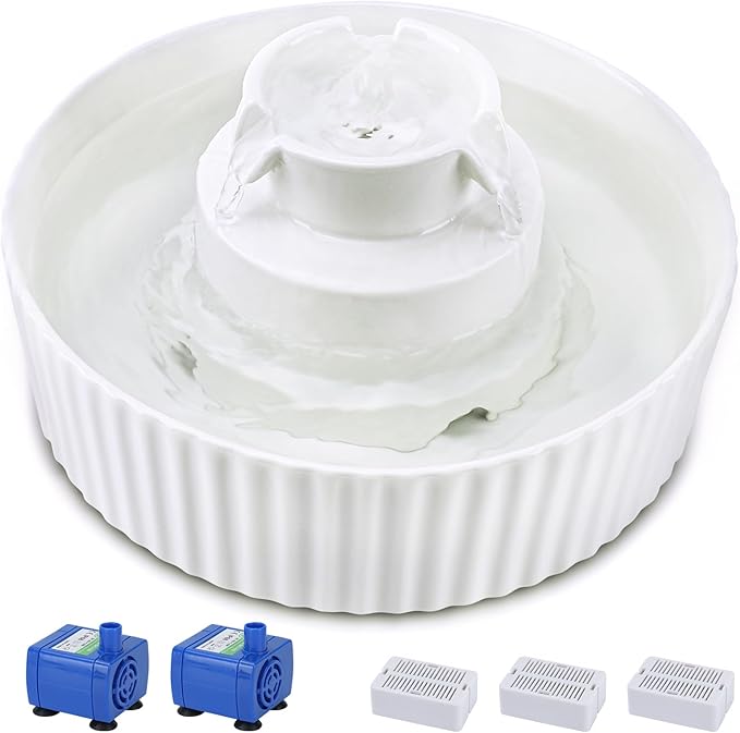 Ceramic Cat Water Fountain, 2.1L/71oz Cat Fountain with 3 Carbon Filters and 2 Quiet Pumps, Cupcake Pet Water Dispenser for Cats and Dogs (White)