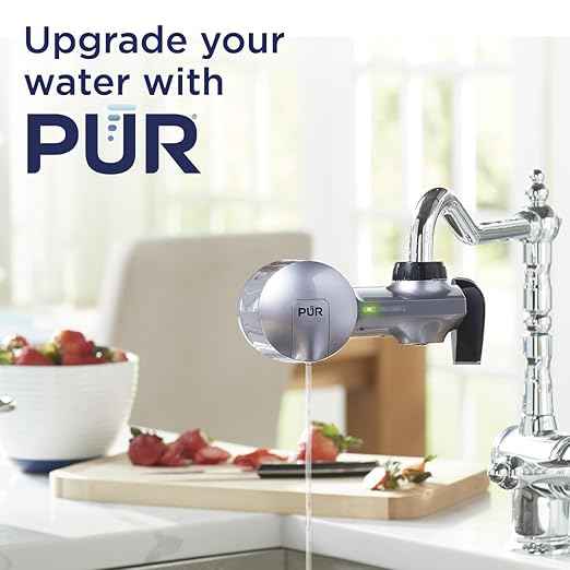 PUR Plus Horizontal Faucet Mount Filtration System with 3-in-1 Lead Reducing Filter, Water Filter for Sink, Lasts 100 Gallons, Compatible with Sinks with External Aerators, Metallic Grey
