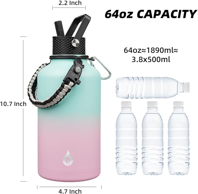 BJPKPK Half Gallon Insulated Water Bottles with 3 Lids and Paracord Strap, 64oz Large, Stainless Steel Water Bottles with Straw Lid, Half Gallon Water Jug,Marshmallow
