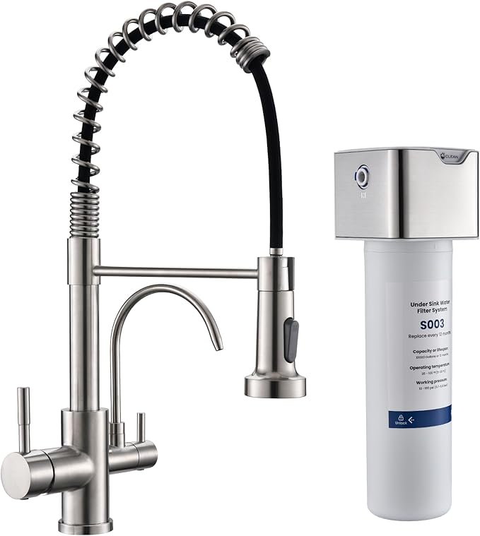 GIMILI 3 in 1 Kitchen Faucet with Pull Down Sprayer Brushed Nickel Two Handle Kitchen Sink Faucet with Under Sink Water Filter System Reduces PFAS, PFOA/PFOS, Lead, Chlorine, Bad Taste & Odor
