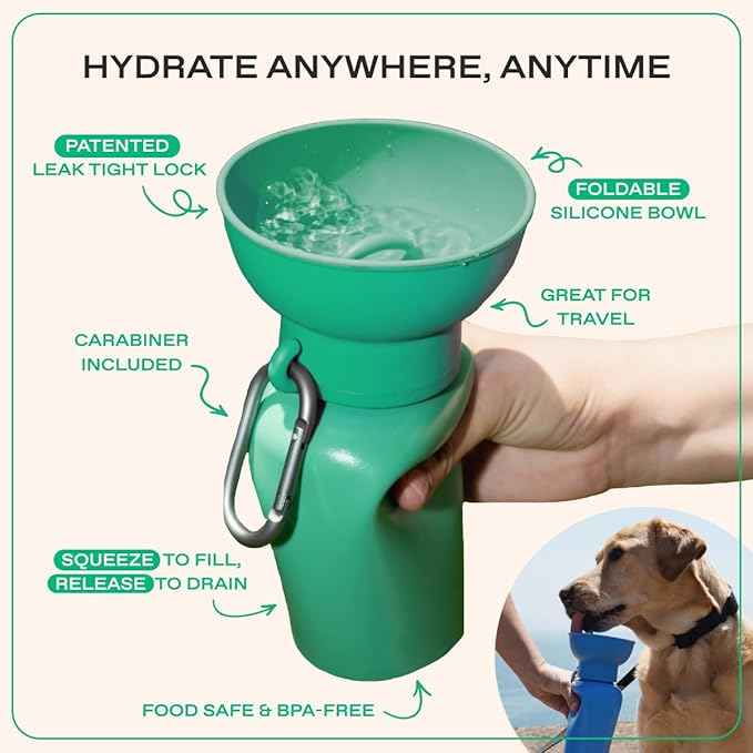 Springer by Springland Flip Portable Dog Water Bottle with Foldable Food Grade Silicone Bowl - 20 Ounce Travel Dog Water Bottle Ideal for Camping - Easy Squeeze Hydration & Release to Drain