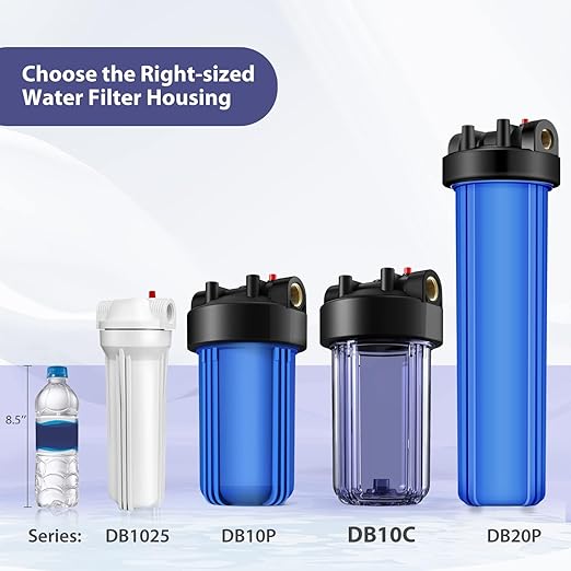 SimPure Whole House Water Big Filter Housing (DB10C), 10" x 4.5", Blue for Whole Home Water Filtration, Sediment Water Filter System for Well, 1" NPT Brass Port (Clear Housing) (Pack of 2)