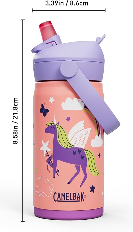 CamelBak Thrive Flip Straw Kids Bite Valve Stainless Steel Water Bottle Magic Unicorns, 12oz