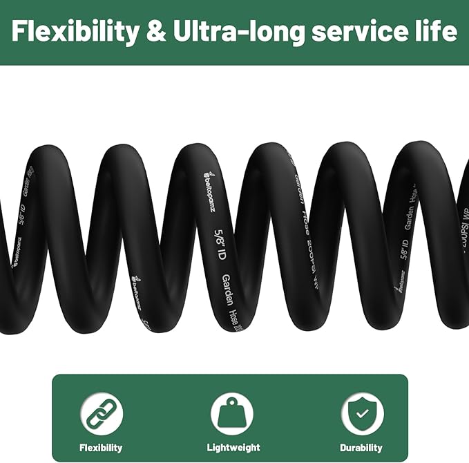 Garden Hose 50 ft x 5/8 in Heavy Duty Water Hose, Flexible and Durable, Lightweight Rubber Hybrid Hose, Leak-Free Connections, Male to Female Fittings, BT50B, Black