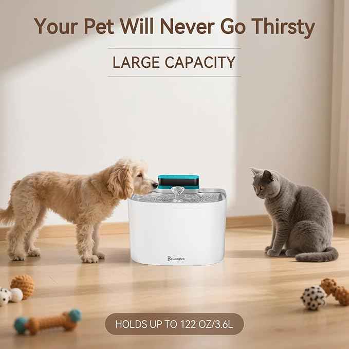 Cat Water Fountain, 122oz/3.6L Pumpless Wireless Cat Fountain, Cordless Water Fountains for Cats Indoor, Dog Pet Water Fountain Battery Operated with Stainless Steel Tray (White, Fountain+8 Fliters)