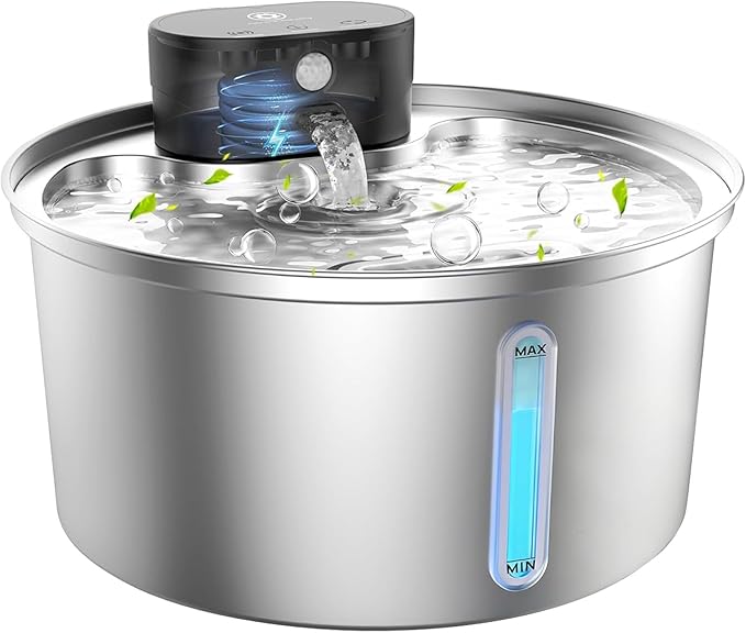Wireless 3.2L/108oz Stainless Steel Cat & Dog Water Fountain – Cordless Pet Dispenser with Ultra-Quiet Pump, Motion Sensor, Easy-to-Clean Hygienic Design, Encourages Hydration, Multi-Pet Homes