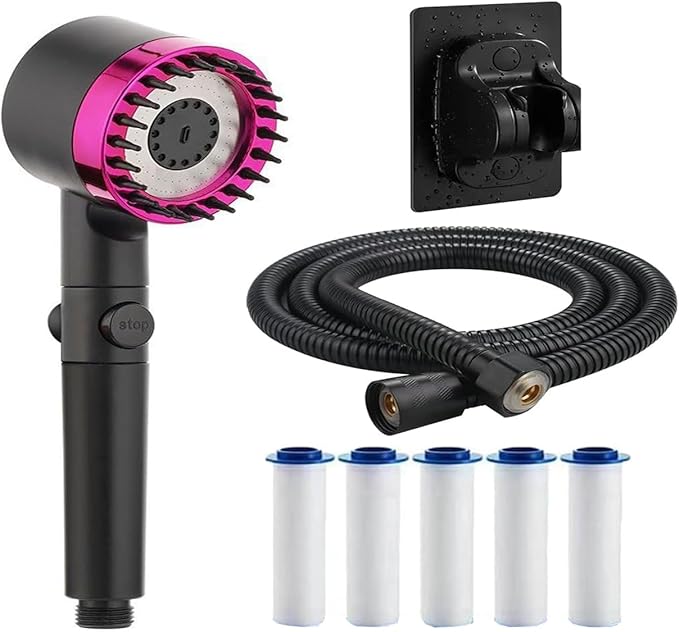 Ion Drops Filtered Shower Head with Handheld, High Pressure Water Flow Showerhead, with Shower Head Filter for Hard Water Boosting, with ON/OFF Switch 4-piece set (Pink)