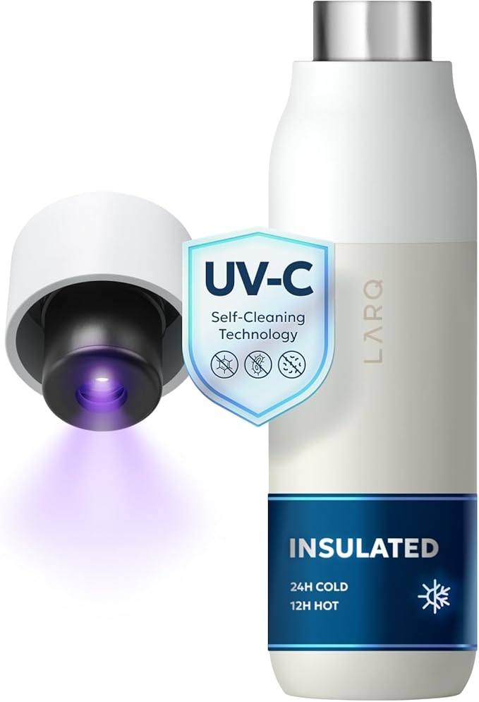 LARQ Bottle PureVis 25 oz - Self-Cleaning and Insulated Stainless Steel Water Bottle with UV Water Purifier and Award-winning Design | Reusable & Travel Friendly, Granite White