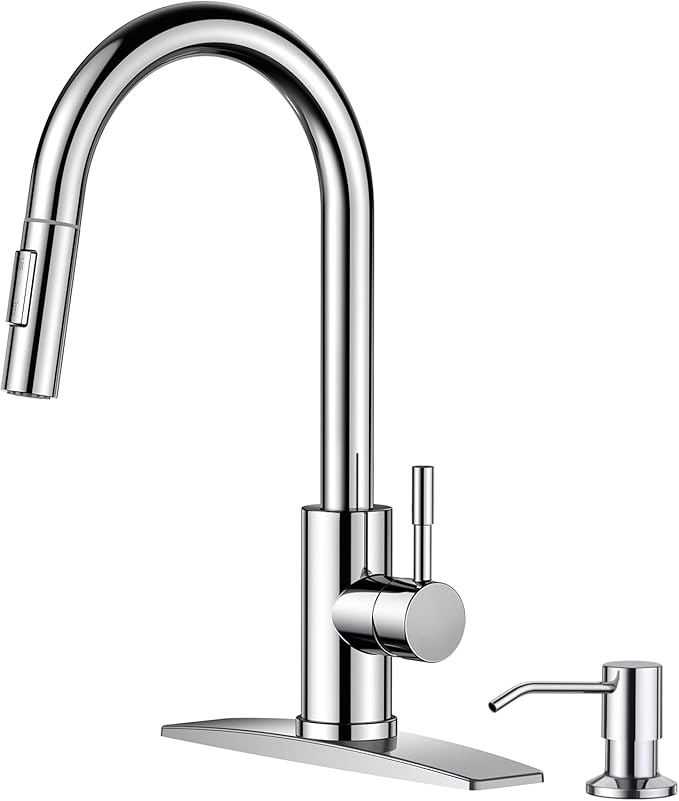FORIOUS Chrome Kitchen Faucet with Soap Dispenser, High Arc Modern Sink Faucet with Pull Down Sprayer and Deck Plate, Stainless Steel Fit for 1 or 3 Hole for Pot Filler Bar Farmhouse Laundry Rv