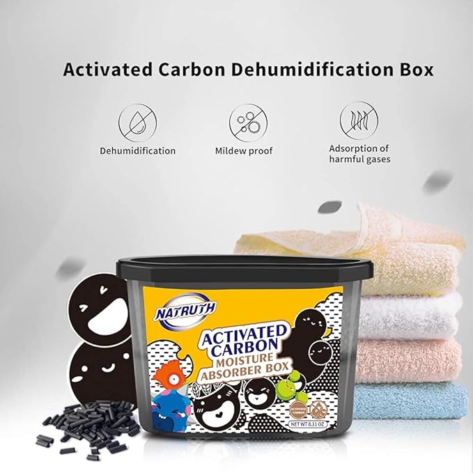 NATRUTH 500mL Moisture Absorber boxes, Closet Dehumidifier, Eradicate Odor,Dehumidifiers and Air Freshener for Closet,Shoes Box, Bathrooms, Kitchen & Study, Boats,RVs (Activated Charcoal, 9 packs)