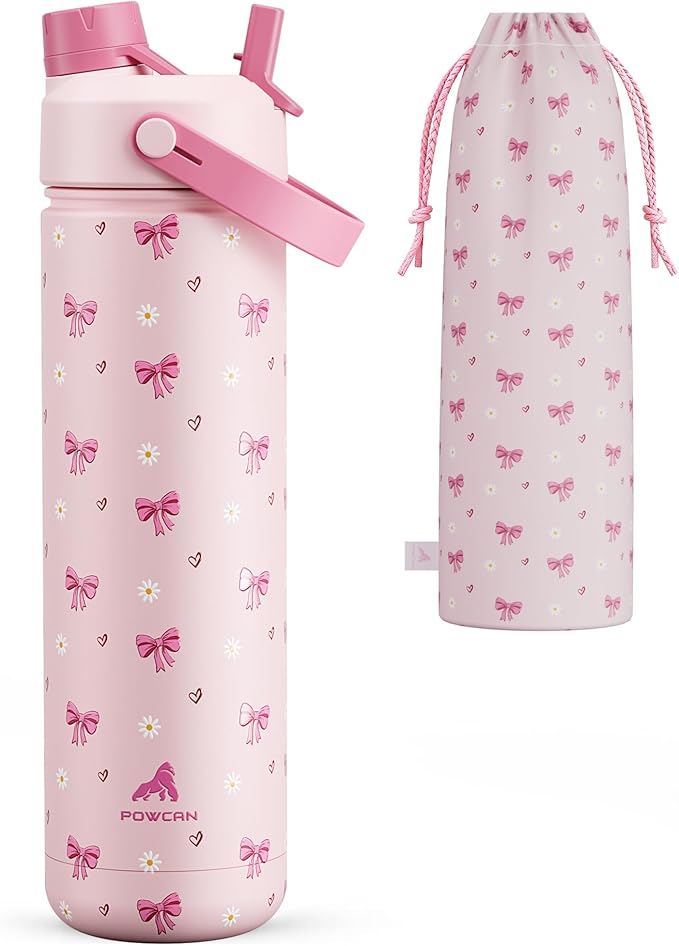 POWCAN 26 oz Insulated Water Bottle with 2-in-1 Straw and Spout Lid, Keep Cold 24H, Leak-Proof, Fits in Car Cup Holder, Stainless Steel Water Bottle for Sports, Travel, Gift, and School (Bow Crush)