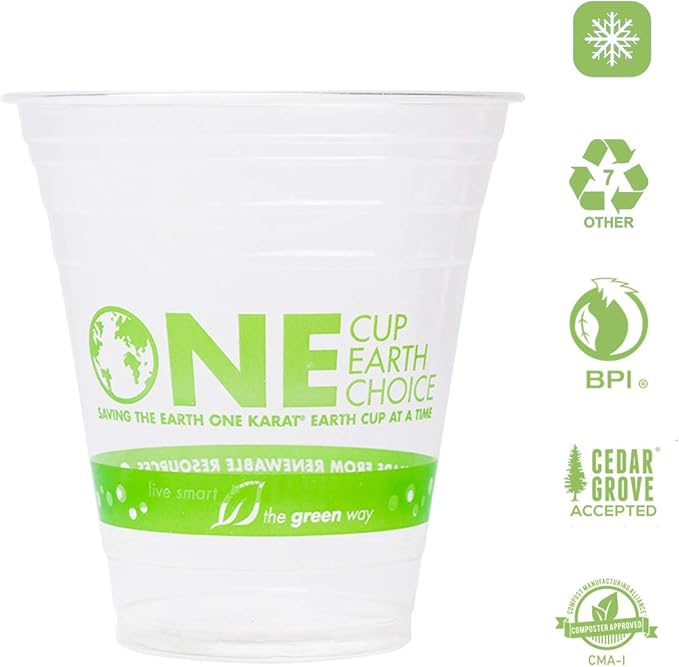 KARAT EARTH [1,000 ct - 12 oz Compostable PLA Plastic Cups, BPI Certified Disposable Renewable Cold Cups for Cocktails, Wine and More | Green Line