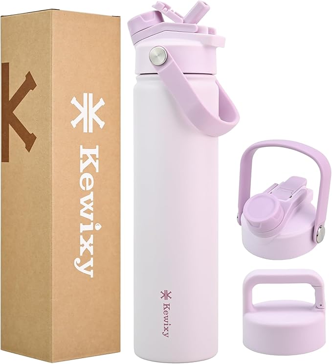 KEWIXY 24 oz Insulated Water Bottle, 2-in-1 Lid, Straw & Spout with Protected, Leak Proof, Keep Cold, Stainless Steel, Metal, Reusable, Handle, for Travel, Gym and School, 2 Lids, Pale Mauve