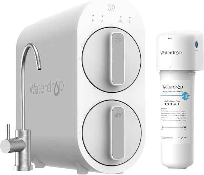 Waterdrop G2 Reverse Osmosis System with Alkaline Water Filter System WD-ALK16, 7 Stage Tankless RO Water Filter System, Under Sink Water Filtration System, 400 GPD, 1:1 Pure to Drain, Bundle