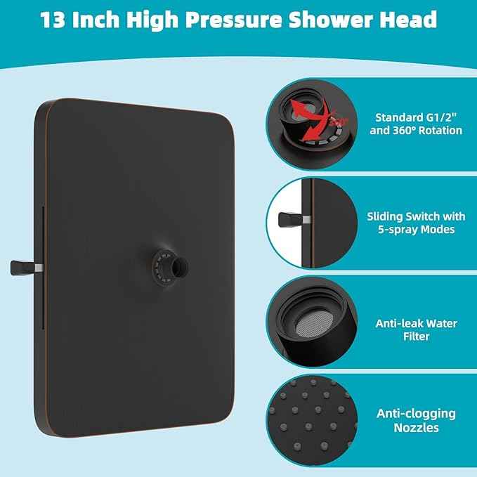 Hibbent cUPC Certified 5 Spray Modes Shower Head, 13'' High Pressure Large Rainfall Shower Head, High Flow Waterfall Bathroom Fixed Showerheads, Adjustable Swivel Ball Joint, Oil Rubbed Bronze