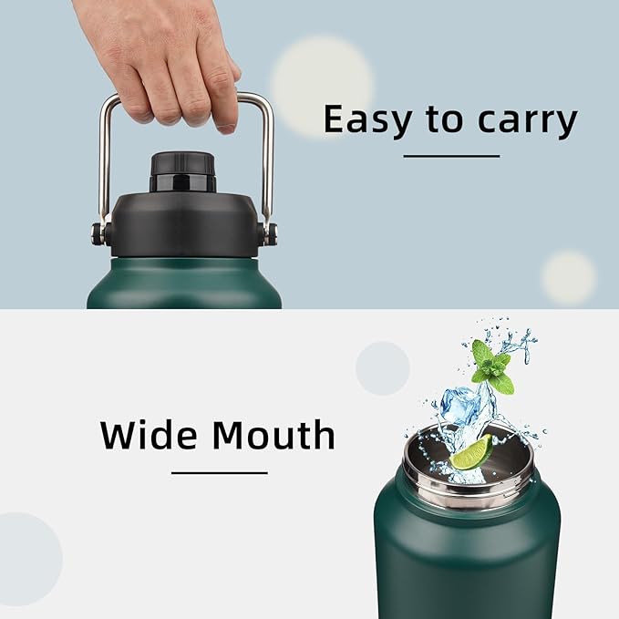 Jug with Handle,87 oz Insulated Water Bottle with Carrying Pouch, Double Wall Vacuum Stainless Steel Metal Bottle,Dark Green