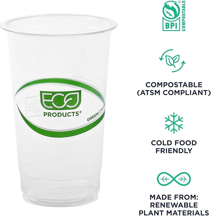 ECO PRODUCTS GreenStripe Clear Compostable 32oz PLA Large Plastic Cups, Case of 600, Disposable Renewable Plant-Based Cold Cups, For Cold Drinks & Snacks, BPI Certified, ASTM Compliant.