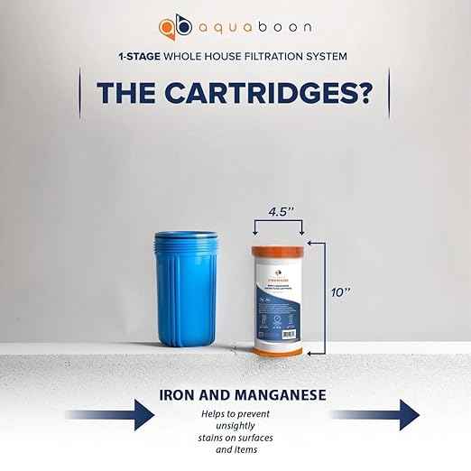 Aquaboon Whole House Water Filter System for Well Water with 10x4.5 Iron & Manganese Water Purification Cartrige | NSF Certified, Pressure Gauges & Releas, Wrench, Bracket 1" NPT