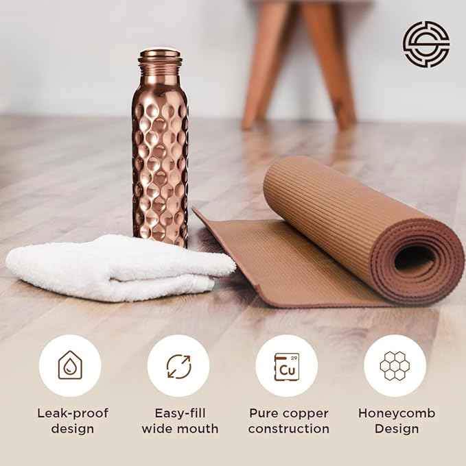 Honeycomb Copper Water Bottle- 1 litre/34 oz, Pure Copper bottle with Leak Proof cap, Honeycomb finish, Lacquer coated, Health Benefits/Yoga Bottle