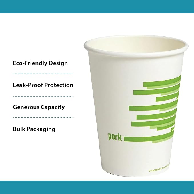 Perk Eco 12 Oz Compostable Paper Hot Cups, 500 Count Bulk Disposable Coffee Cups for Hot Beverages, White/Green