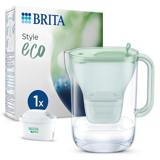 BRITA Style Eco Green Water Filter Jug (2.4 L) Including 1 Maxtra Pro All-in-1 Cartridge - Sustainable Water Filter in Modern Design to Reduce Limescale, Chlorine, Lead & Impurities