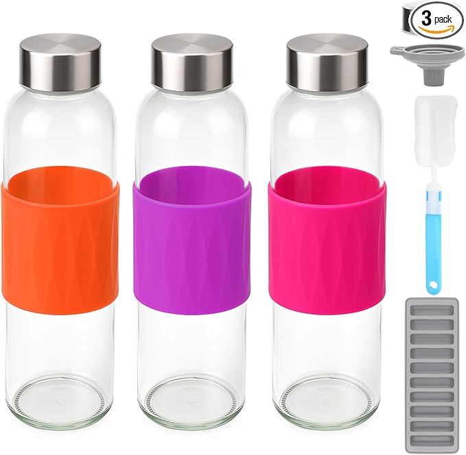 Zukro 18 oz Glass Water Bottles with Lids, 3 Pack Leak Proof Juice Bottles With Stainless Steel Cap for Juicing, Smoothie, Homemade Beverages Container, Reusable Drinking Jar with Grip Band, BPA Free