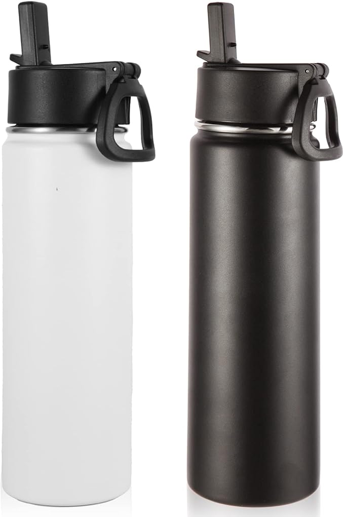 Volhoply Insulated Water Bottles with Straw Bulk 2 Pack, 22 oz Stainless Steel Sports Bottle with Handle Lid, Double Walled Vacuum Metal Cold Water Cups with Wide Mouth for School Hiking(Mix,2 Set)