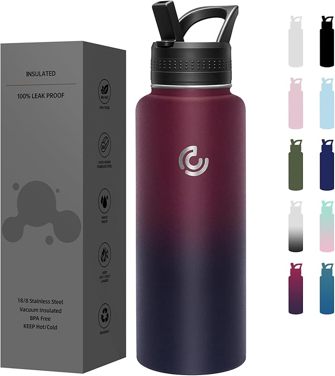 COKTIK 40oz Sports Water Bottle, Stainless Steel Water Bottle for Insulated, Reusable Travel Bottle, With Straw, With Handle Grip for Easy Carrying, Suitable for Cycling, Outdoor Vacations(Midnight)