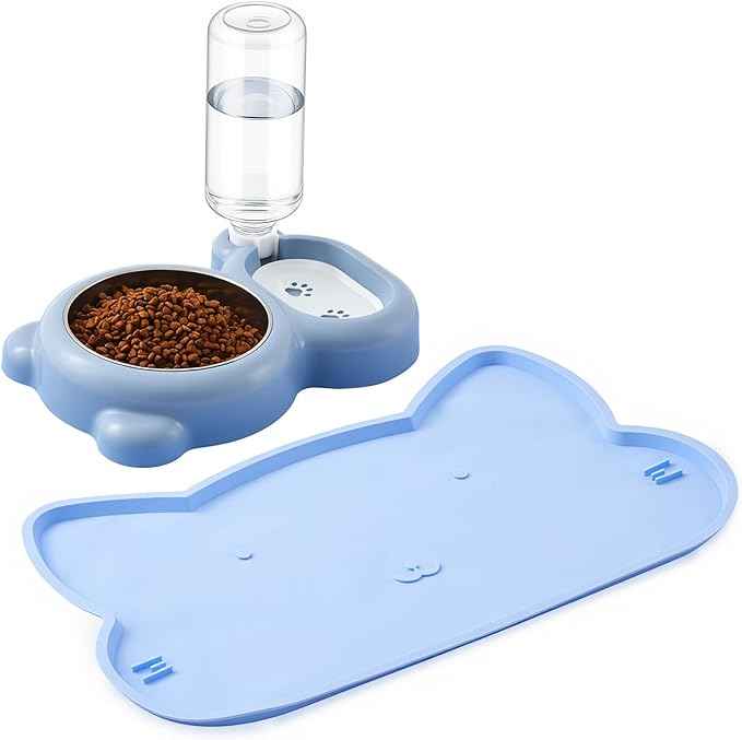 Blue Cat Food and Water Bowl and Non-Slip Silicone Mat Set Stainless Steel Food Bowl with 18.6oz Large Capacity Water Dispenser for Cats and Small Dogs