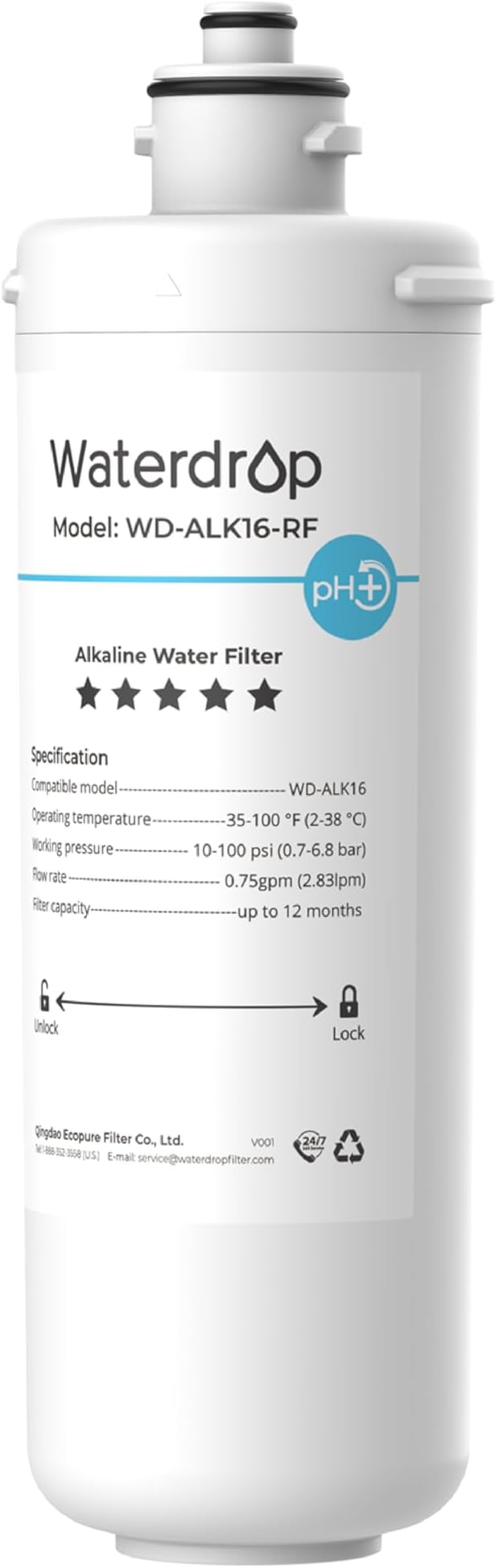 Waterdrop WD-ALK16-RF Filter, NSF/ANSI 372 Certified, Replacement for WD-ALK16 𝐀𝐥𝐤𝐚𝐥𝐢𝐧𝐞 Water Filter System, 12-month Lifetime