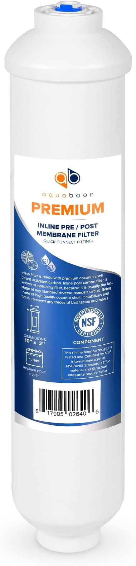 Aquaboon Premium Inline Post/Carbon Polishing Water Filter Catridge for Reverse Osmosis System Standard Size (Quick Connect Fiting) RO Water Filter Replacement Compatible with ICF-10 6-Pack