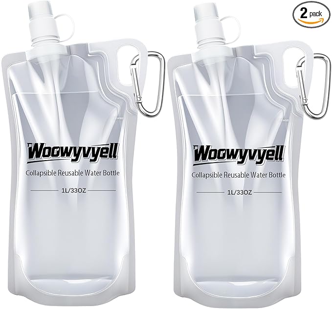 2-Pack 33oz (1L) Collapsible Water Bottles with Mountaineering Buckle, BPA-Free Foldable Travel Bottle for Camping Hiking Running Cycling Mountaineering - Compatible With All 28mm Thread Water Filter