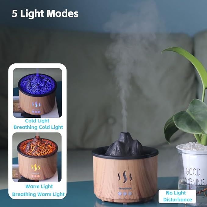 Volcano Cool Mist Essential Oil Diffuser & Humidifier for Bedroom 5 Light Modes Scent 400ml Small Size Large-Capacity, Maximum 36H Ultra-Quiet Aromatherapy for Office, Home, Study and Deep Sleep